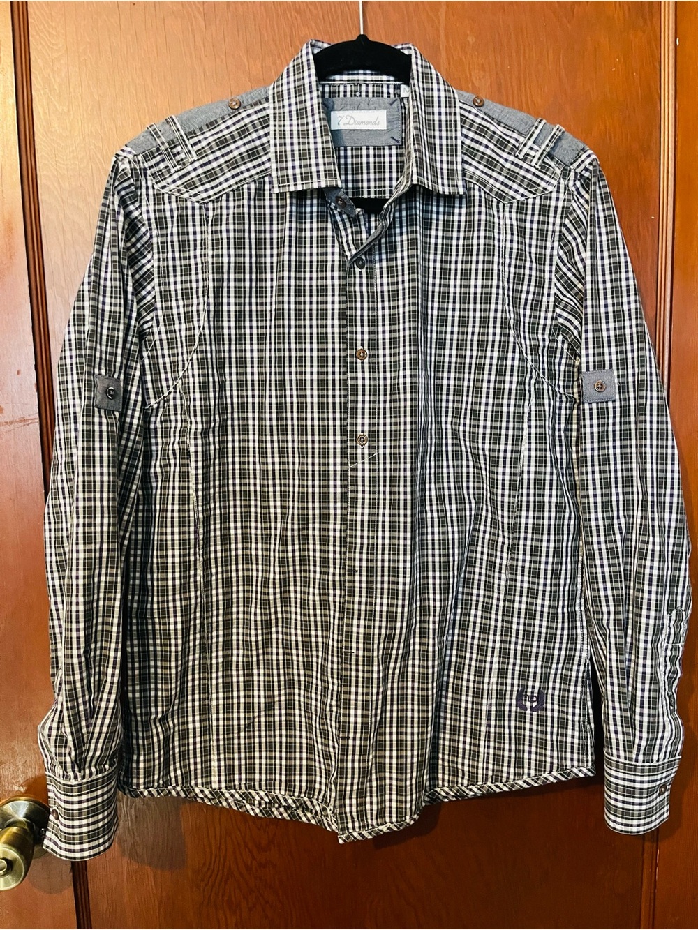 7 Diamonds Men's Plaid Button Down Shirt Long Sleeve Plum Black Gray Medium M